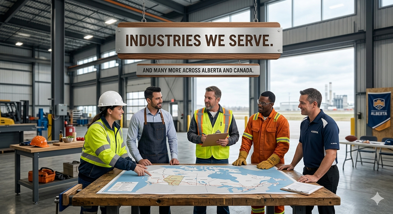 Industrial workers reviewing an Alberta map for workwear and laundry services across Canada at Beaver Dam Attire.