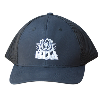 A navy blue structured trucker-style hat with a breathable mesh back and a large white embroidered BDA logo featuring a beaver on the front.
