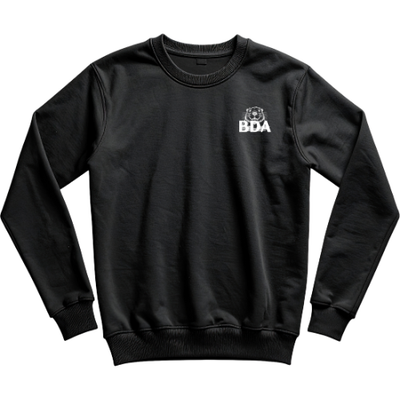 A front view of a black crewneck sweatshirt with a classic collar and ribbed cuffs, featuring a small white embroidered logo (BDA) on the left chest.