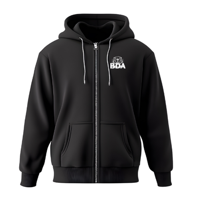 A full-front view of a black zippered hoodie with silver hardware, drawstrings, and a white embroidered logo (BDA) on the left chest.