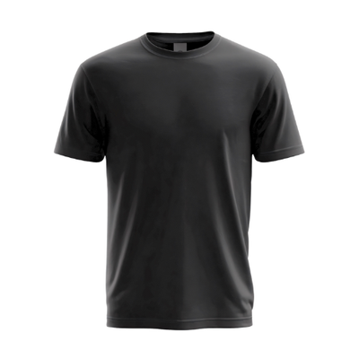 A classic black short-sleeved crewneck t-shirt made of a smooth cotton-polyester blend, displayed as a front-facing product shot.