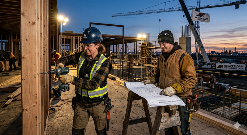 Construction crew in Beaver Dam Attire industrial workwear reviewing blueprints on an Alberta job site at dusk.