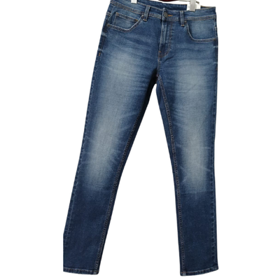 A pair of classic indigo blue denim jeans with a slight fade on the thighs, featuring a five-pocket design and straight-leg fit.