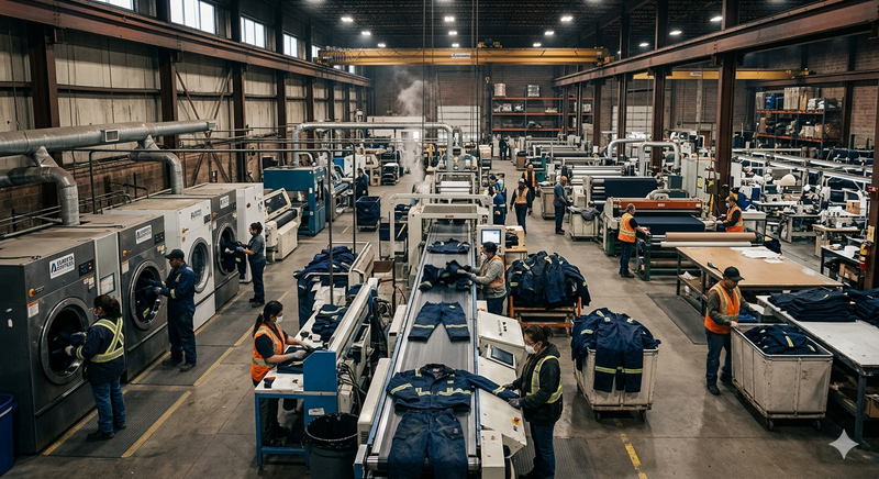 Industrial laundry operations and factory workwear processing for Alberta businesses at Beaver Dam Attire.