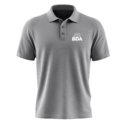 A gray short-sleeved polo shirt with a three-button placket and a white BDA logo on the left chest, shown in a high-contrast studio setting.