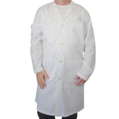 A long-sleeved professional white lab coat with a button-down front, lapel collar, and a small logo on the left chest, made from 100% cotton or cotton-poly blend.