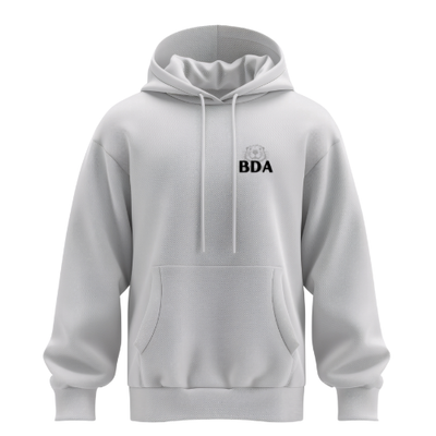 A front view of a light gray pullover hoodie with a matching drawstring, a center kangaroo pocket, and a white embroidered logo (BDA) on the left chest.