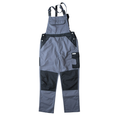 Industrial gray bib-and-brace overalls with black reinforced knee and pocket details, adjustable shoulder straps, and a durable Bionic finish.