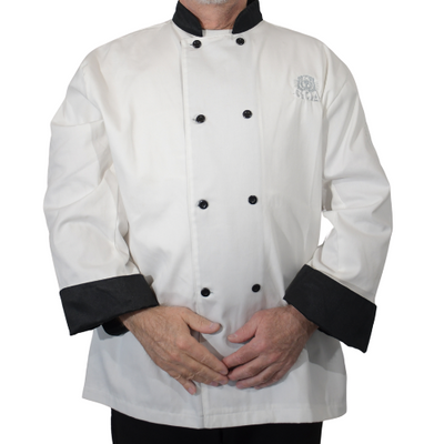A white double-breasted chef's jacket with black buttons and black trim on the collar and cuffs, featuring a small logo on the left chest.