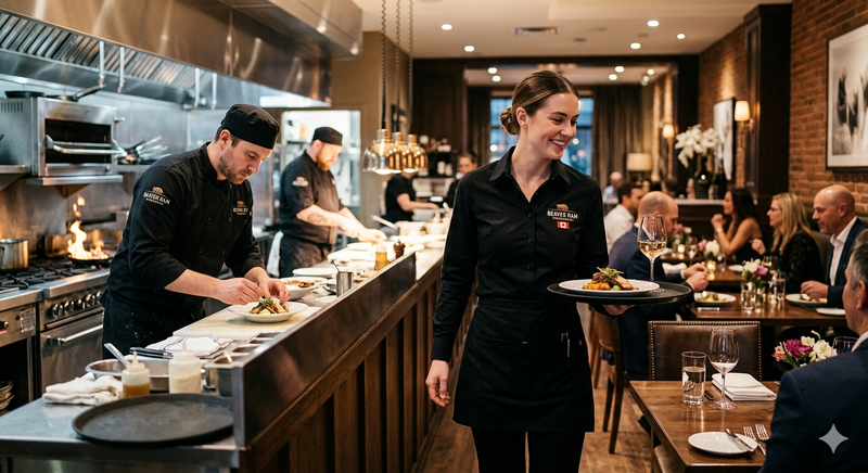 Chef and server in Beaver Dam Attire hospitality uniforms at a sophisticated Calgary restaurant.