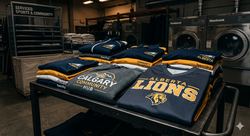 Beaver Dam laundry services for Calgary sports teams and community organization apparel in an industrial facility.