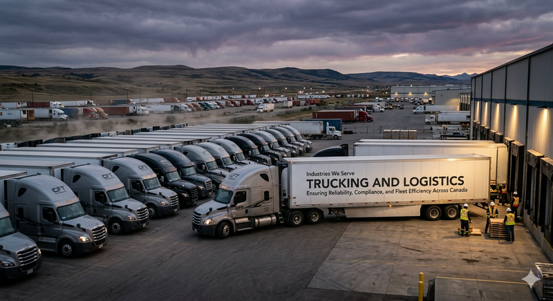 Canadian trucking and logistics company fleet at a warehouse with Beaver Dam Attire gear, at dusk.