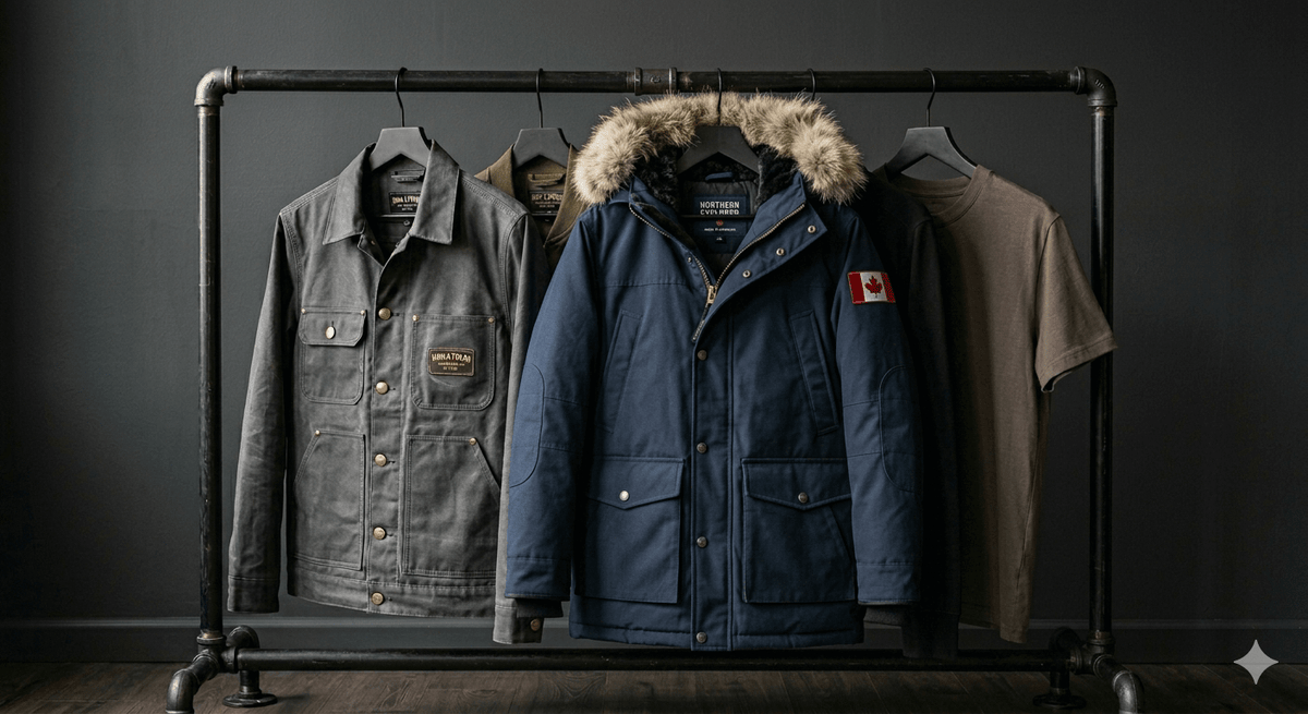 Durable custom workwear and winter jackets on an industrial rack for wholesale in Calgary, Alberta