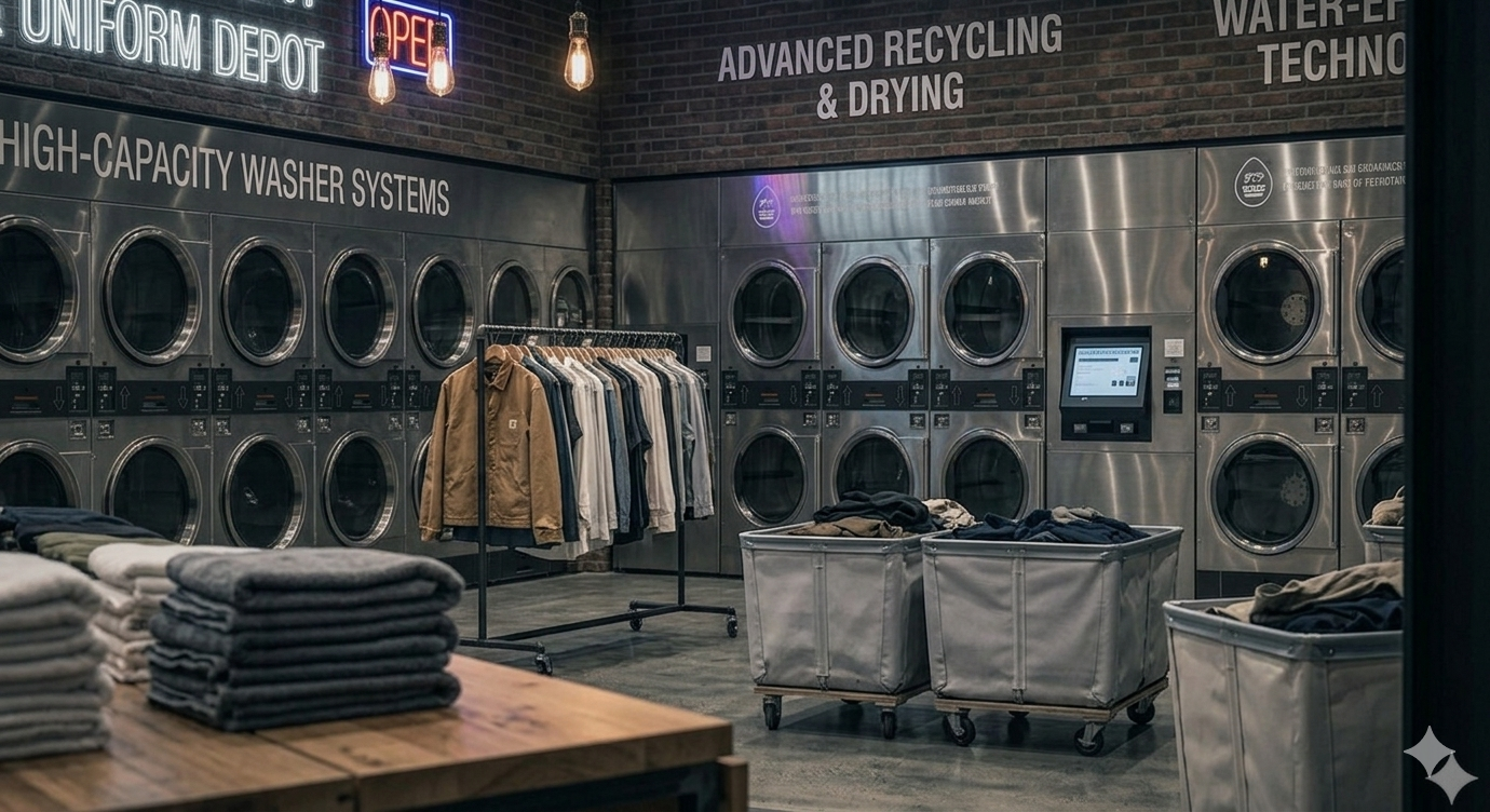 Commercial facility with high-capacity washer systems and professional workwear on racks in Alberta.